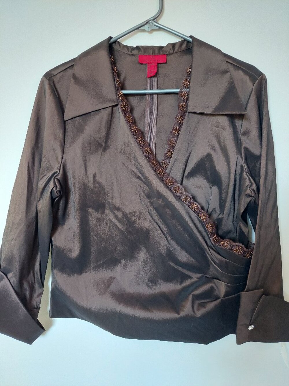 JS Collections Size 16  brown wrap formal blouse with beaded trim on the collar